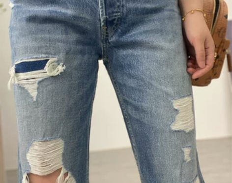 大G 出口外贸高腰5钮精致破洞牛仔裤 直筒...