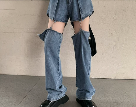 春装破洞牛仔裤女高腰显瘦裤子设计感泫雅镂空...