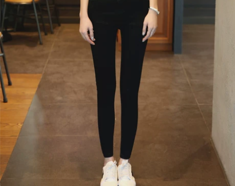 秋季黑色高腰膝盖破洞牛仔裤女 九分裤修身小...