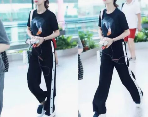 杨紫戚薇机场同款黑白条纹纽扣开叉高腰休闲裤...