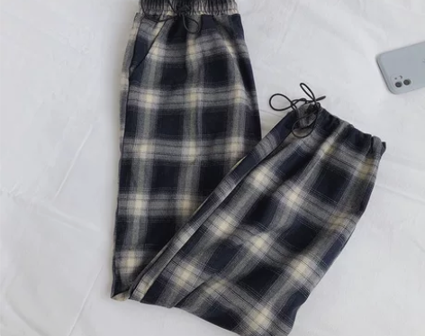 格子裤女春秋2021新款纯棉韩版高腰阔腿休...