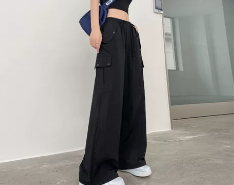 黑色工装裤女秋季新款宽松显瘦速干阔腿裤遮肉...