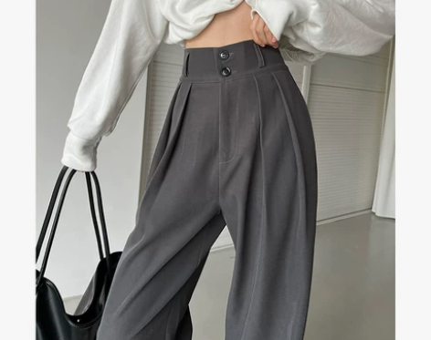 春秋灰色阔腿裤女梨形身材裤子高腰垂感休闲宽...