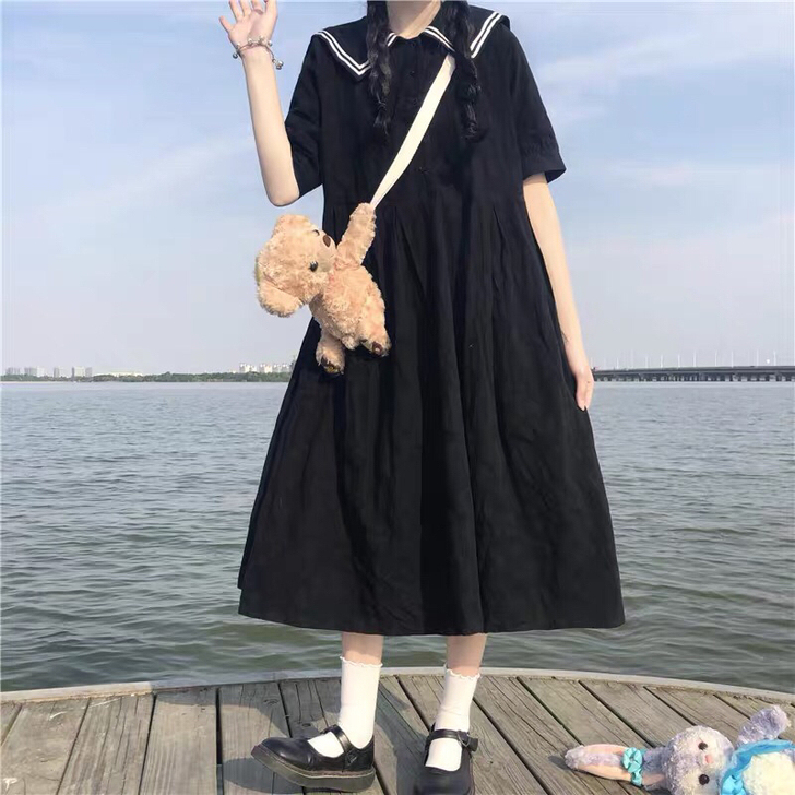 裙子2021夏季新款日系甜美气质显瘦海军领...