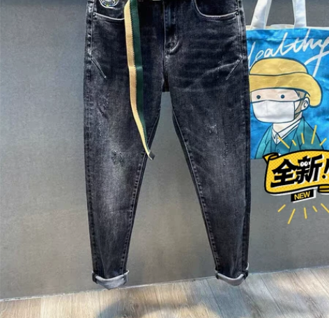 灰色刺绣高档牛仔裤男2021年新款夏季薄款...