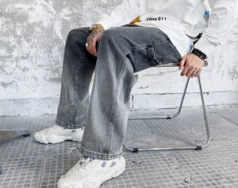 美式高街渐变色牛仔裤男女复古开叉直筒阔腿裤...