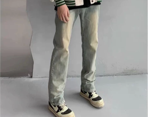 大码做旧牛仔裤高街水洗男女高腰直筒显瘦阔腿...