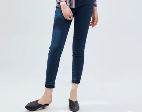 水云间纯蓝牛仔裤毛边冬季新款修身显瘦铅笔裤...