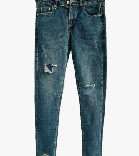 牛仔长裤女紧身高弹破洞做旧细脚裤铅笔裤女M...