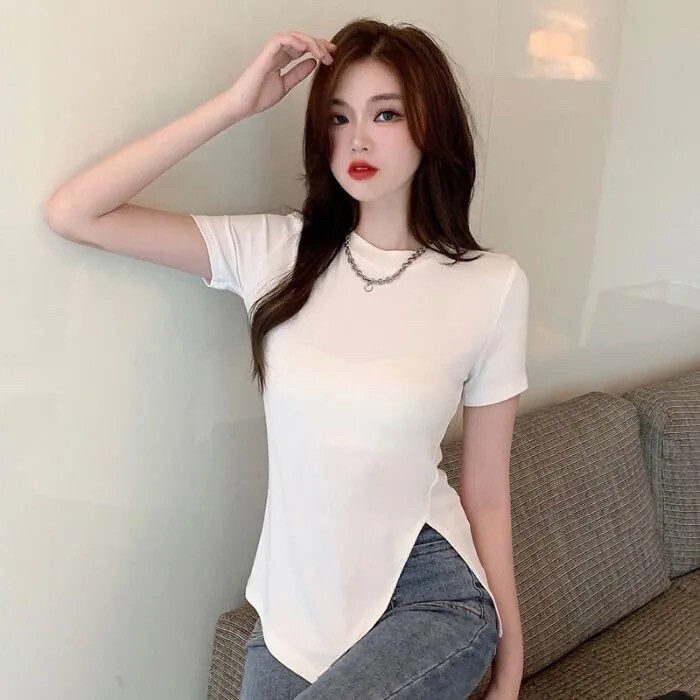 修身t恤女新款不规则下摆开叉长袖打底衫小心...