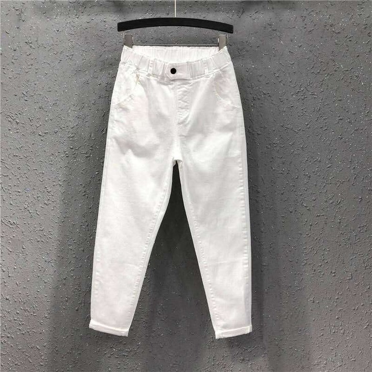 新品春夏新款大码白色裤子女宽松松紧腰高腰牛...