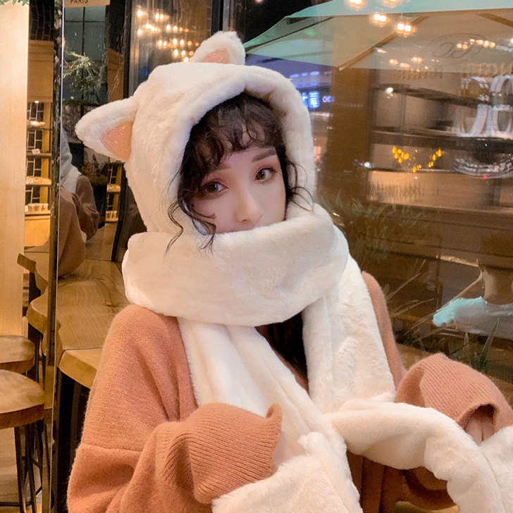 猫耳朵帽子女冬季百搭可爱毛绒围巾连帽一体手...