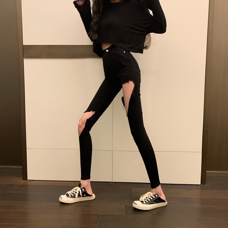 黑色破洞牛仔裤女高腰显瘦小脚裤紧身乞丐裤铅...