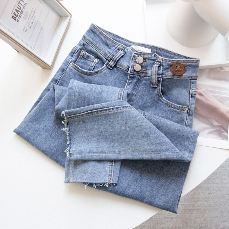 魔力shen裤！百搭蓝色高腰两扣毛边牛仔裤...