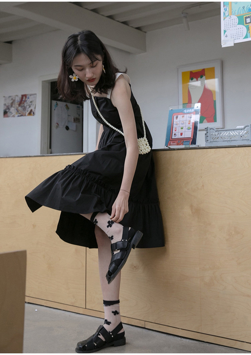 你好卡农 一字领撞色背带连衣裙女2021夏...