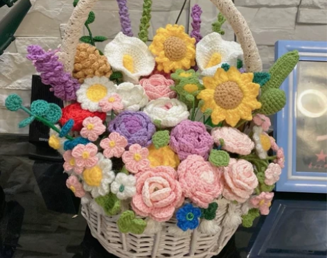 成品针织毛线向日葵玫瑰花束花篮盆景礼品篮送...