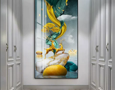 入门玄关装饰画竖版，铝合金属边框，烤瓷晶磁...