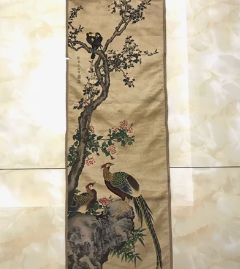 七十年代“雉鸡”织锦画 老丝织画 老织锦画...