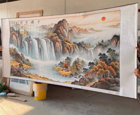 朋友抵债的一副聚宝盆红色山水甲天下六尺山水...