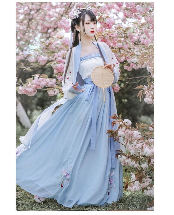 灼莲青色/蓝色褶子+宋抹+一片裙 汉服女成...