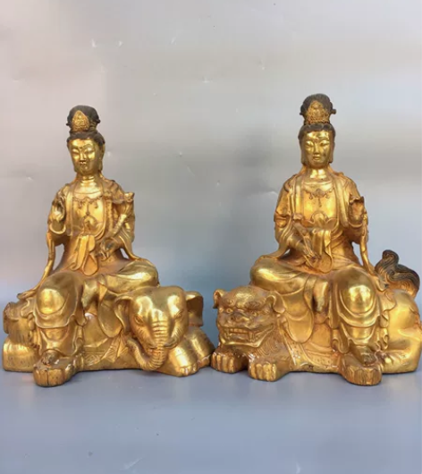 铜鎏金文殊普贤菩萨佛像，工艺精美，包浆厚重...