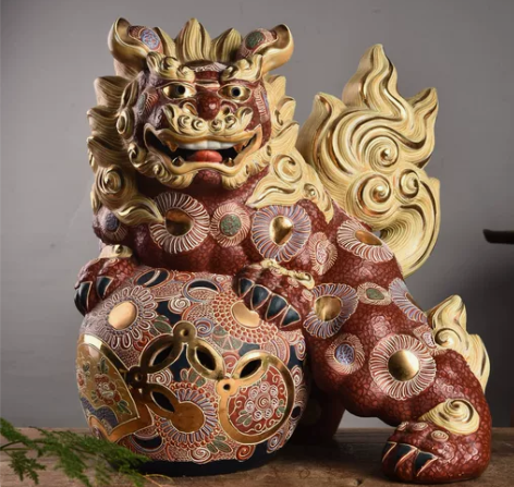 日本回流九谷烧精工立体狮子摆件 日本昭和早...