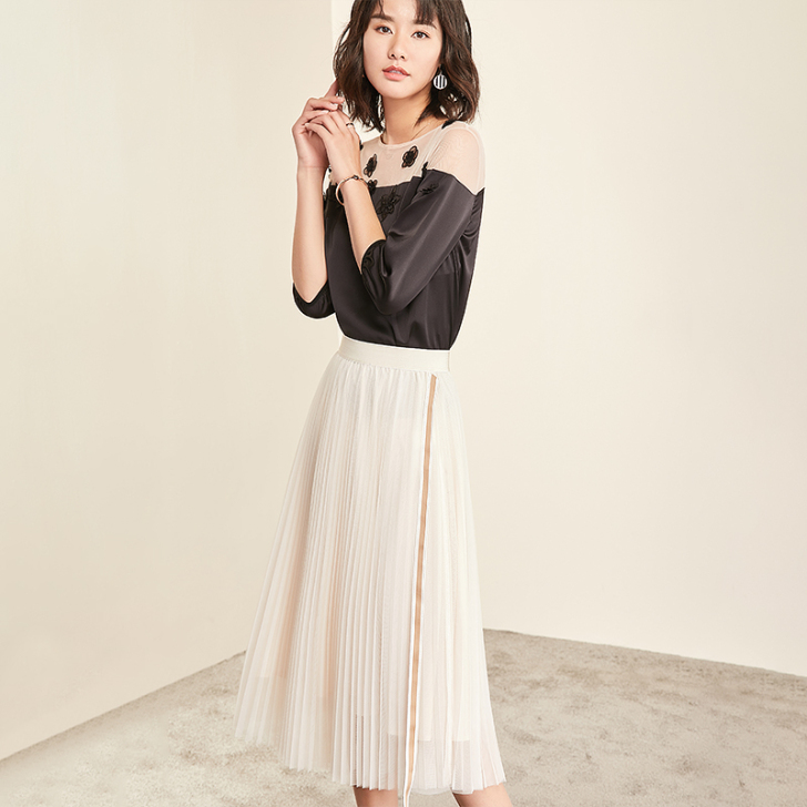 夏装新款女网纱垂感半身裙收腰裙韩版高腰百褶...
