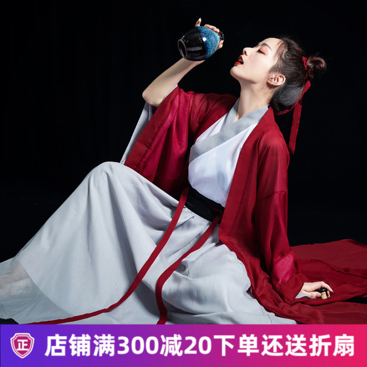 汉服女侠客中国风原创交领飘逸魏晋风红色齐腰...