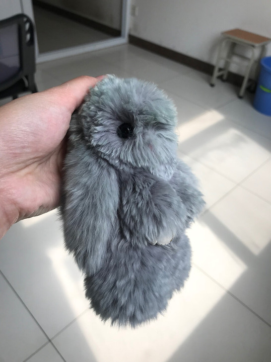 毛绒兔挂件，灰绿渐变色，略卷，手感很好