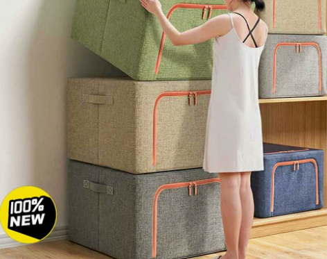 棉麻钢架储物箱被子衣物布艺收纳箱可折叠 仓...