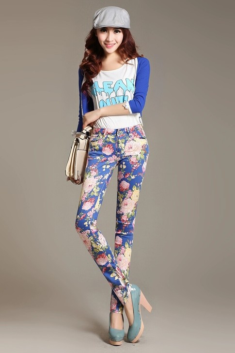 花裤子 女 2021新款韩版弹力小脚铅笔裤...