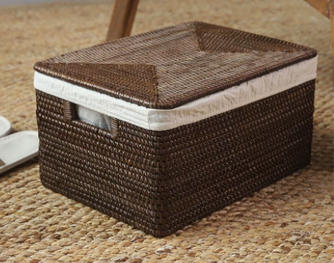 咖啡色中式藤编收纳筐棕色定制盒带盖带内衬收...