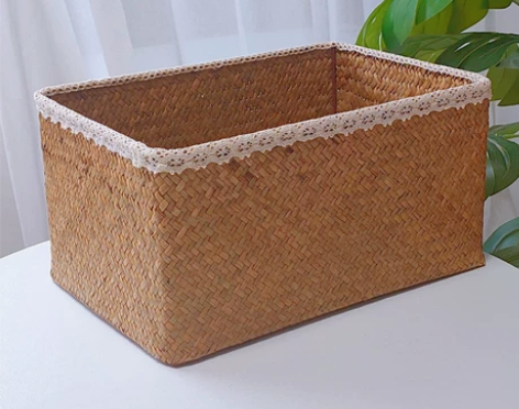 全新海草藤编收纳箱杂物篮 桌面复古收纳筐蕾...