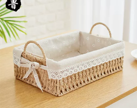 收纳筐草编桌面零食收纳篮藤编收纳箱布艺盘钥...