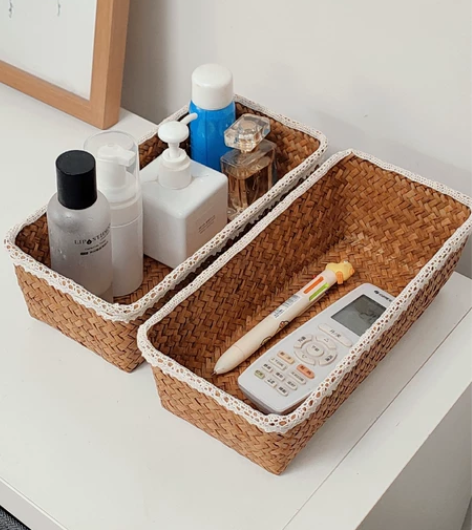 全新 竹编海草编整理盒收纳筐 杂物置物篮藤...