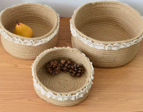 化妆品钥匙手工收纳筐收纳篮桌面杂物编织筐麻...