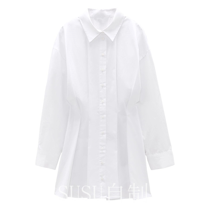 ZARA 褶皱装饰衬衣式白色收要连衣裙女#...