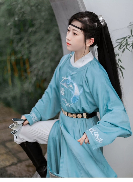 上雅工坊 北冥有鱼圆领袍样衣，孔雀蓝均码，...
