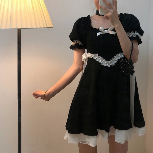 原感少女新款法式蝴蝶结蕾丝花边绑带泡泡袖宫...