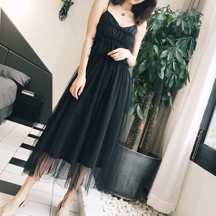 夏季新款名媛聚会露背V领性感背带裙吊带网纱...