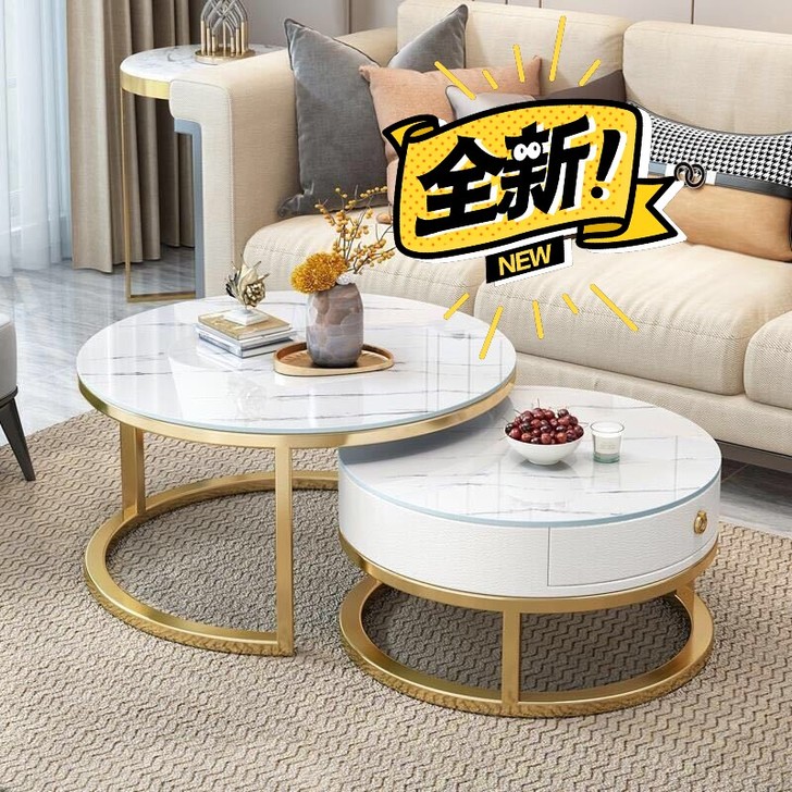 茶几客厅小户型简约现代大理石纹轻奢钢化玻璃...