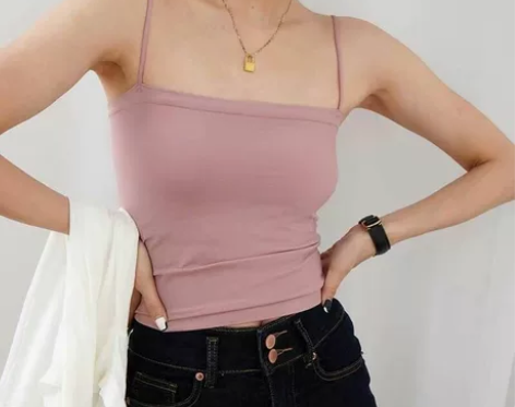 全新辣妹纯色吊带背心女带一体胸垫细肩带打底...