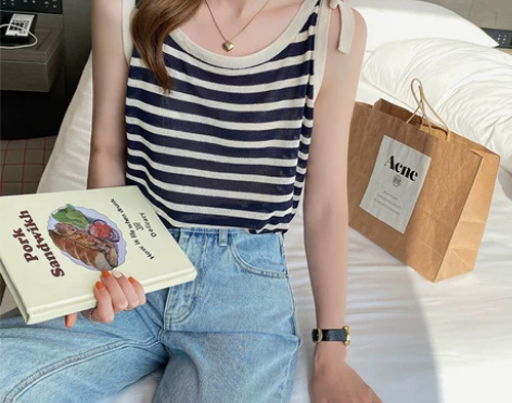 条纹背心女夏外穿宽松薄款内搭显瘦针织吊带无...