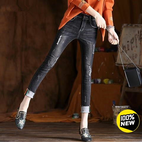 韩版牛仔裤女弹力黑色破洞九分裤高腰紧身小脚...