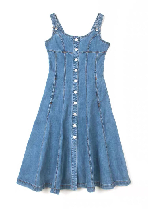 蓝色磨白弹力 多扣牛仔连衣裙背带裙