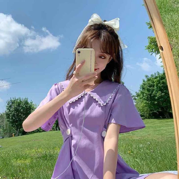 法式初恋长裙子小清新温柔甜美赫本风娃娃领连...