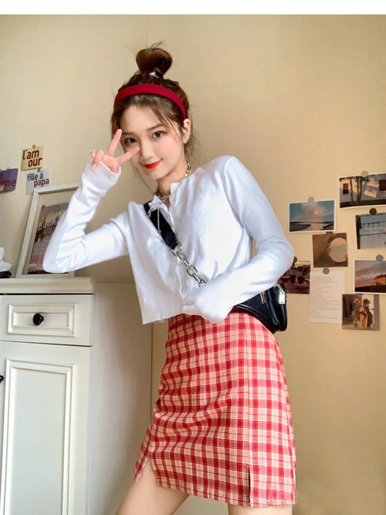 复古高腰a字裙开叉半身裙(有安全裤），