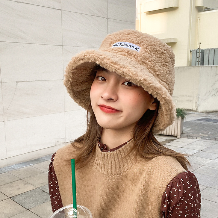 羊羔毛绒渔夫帽秋冬季显脸小韩版百搭潮水桶帽...