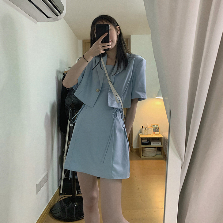 法式甜酷黑色吊带连衣裙子套装女夏季网红炸街...