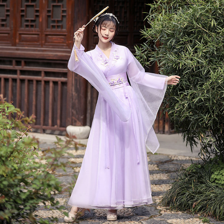 汉服女中国风原创正品春秋改良版连衣裙紫色广...